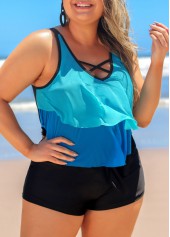 Blue plus size,Contrast Color plus size,ROTITA Plus Size Blue Layered Hem Cross Strap Tankini Top