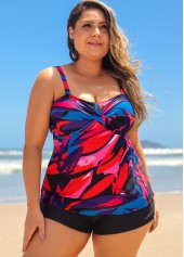 Multi Color plus size,Floral plus size,ROTITA Cross Front Brush Stroke Print Plus Size Tankini Top