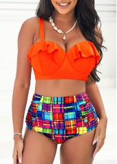 Orange swimwear,Plaid swimwear,ROTITA Plaid High Waisted Orange Flounce Bikini Set