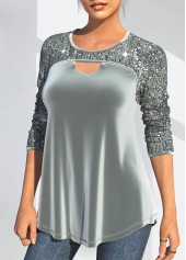 Grey tops,Plain Color tops,ROTITA Velvet Stitching Sequin Grey Cutout Design T Shirt