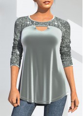 ROTITA Velvet Stitching Sequin Grey Cutout Design T Shirt