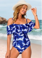 Plants swimwear,Leaf Print Flounce Navy Blue One Piece Swimwear