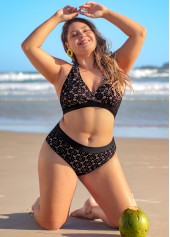 Black plus size,Plain Color plus size,ROTITA Plus Size Lace Black Mid Waist Bikini Set