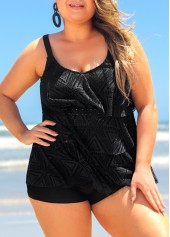 Black plus size,Plain Color plus size,ROTITA Black Plus Size Lace Layered Hem Tankini Top