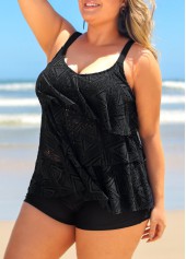 Black plus size,Plain Color plus size,ROTITA Black Plus Size Lace Layered Hem Tankini Top