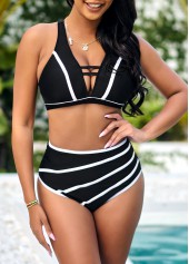 Black swimwear,Striped swimwear,ROTITA High Waisted Contrast Black Bikini Set