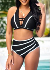 Black swimwear,Striped swimwear,ROTITA High Waisted Contrast Black Bikini Set