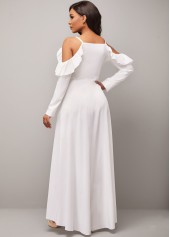 White dresses,Plain Color dresses,Strappy Cold Shoulder Flounce Decorative Button White Dress