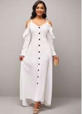 White dresses,Plain Color dresses,Strappy Cold Shoulder Flounce Decorative Button White Dress
