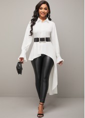 White Asymmetric Hem Turndown Collar Button Up Blouse