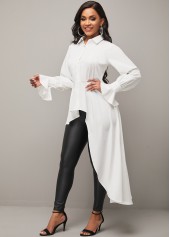 White tops,Plain Color tops,White Asymmetric Hem Turndown Collar Button Up Blouse