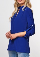 Royal Blue tops,Plain Color tops,ROTITA Roll Tab Sleeve Split Neck Royal Blue Blouse