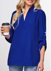 ROTITA Roll Tab Sleeve Split Neck Royal Blue Blouse