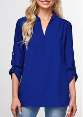 Royal Blue tops,Plain Color tops,ROTITA Roll Tab Sleeve Split Neck Royal Blue Blouse