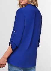 Royal Blue tops,Plain Color tops,ROTITA Roll Tab Sleeve Split Neck Royal Blue Blouse