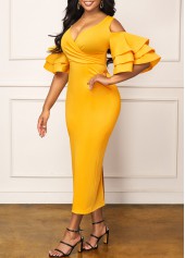 Yellow dresses,Plain Color dresses,ROTITA Layered Ruffle Sleeve Yellow Back Slit Dress