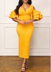 Yellow dresses,Plain Color dresses,ROTITA Layered Ruffle Sleeve Yellow Back Slit Dress