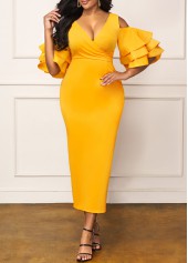 ROTITA Layered Ruffle Sleeve Yellow Back Slit Dress