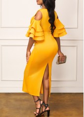 Yellow dresses,Plain Color dresses,ROTITA Layered Ruffle Sleeve Yellow Back Slit Dress