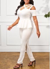 White jumpsuits & rompers,Plain Color jumpsuits & rompers,ROTITA Cage Neck White Flounce Cold Shoulder Jumpsuit