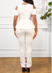 White jumpsuits & rompers,Plain Color jumpsuits & rompers,ROTITA Cage Neck White Flounce Cold Shoulder Jumpsuit