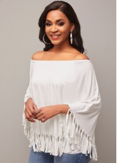 White tops,Plain Color tops,Off Shoulder Tassel White Layered T Shirt