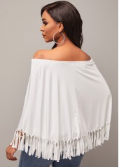 White tops,Plain Color tops,Off Shoulder Tassel White Layered T Shirt