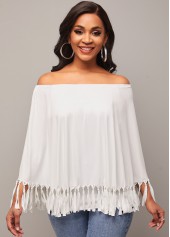 White tops,Plain Color tops,Off Shoulder Tassel White Layered T Shirt