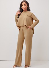 Light Camel jumpsuits & rompers,Plain Color jumpsuits & rompers,Dip Hem Light Khaki Zipper Fly Top and Pants