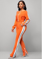 Orange jumpsuits & rompers,Plain Color jumpsuits & rompers,Zipper Closure Off Shoulder Orange Contrast Sweatsuit Set