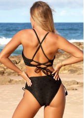 Black swimwear,Plain Color swimwear,ROTITA Lace Up Spaghetti Strap Black Bikini Set