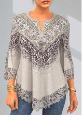 ROTITA Split Neck Leopard Lace Stitching Light Khaki T Shirt