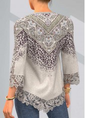 Light Coffee tops,Leopard tops,ROTITA Split Neck Leopard Lace Stitching Light Khaki T Shirt