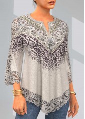 Light Coffee tops,Leopard tops,ROTITA Split Neck Leopard Lace Stitching Light Khaki T Shirt