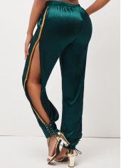 Blackish Green bottoms,Contrast Color bottoms,Lace Up Dark Green Side Slit Pants