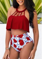 Red swimwear,Floral swimwear,Red Cage Neck High Waisted Bikini Set