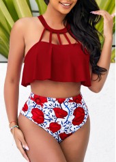 Red swimwear,Floral swimwear,Red Cage Neck High Waisted Bikini Set