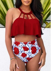 Red Cage Neck High Waisted Bikini Set