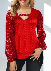 ROTITA Sequin Cutout Red V Neck T Shirt