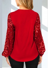 Red tops,Plain Color tops,ROTITA Sequin Cutout Red V Neck T Shirt