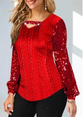 Red tops,Plain Color tops,ROTITA Sequin Cutout Red V Neck T Shirt