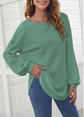 Sage Green tops,Plain Color tops,ROTITA Sage Green Decorative Button Long Sleeve T Shirt