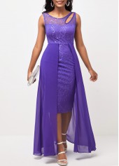 Plain Color dresses,ROTITA Lavender Chiffon Cutout Lace Patchwork Dress