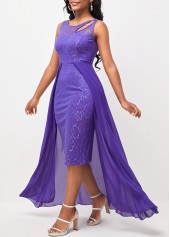 Plain Color dresses,ROTITA Lavender Chiffon Cutout Lace Patchwork Dress