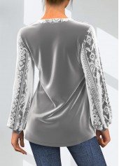 Grey tops,Plain Color tops,ROTITA Grey Velvet Stitching Lace Patchwork T Shirt