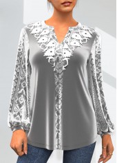 ROTITA Grey Velvet Stitching Lace Patchwork T Shirt