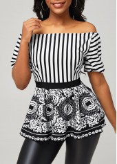 ROTITA Tribal Print Black Striped Off Shoulder Blouse