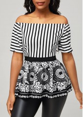 Black tops,Tribal tops,ROTITA Tribal Print Black Striped Off Shoulder Blouse