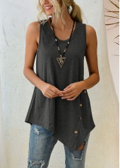 Asymmetric Hem Dark Grey Decorative Button Tank Top