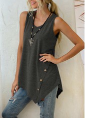 Dark Grey tops,Asymmetric Hem Dark Grey Decorative Button Tank Top